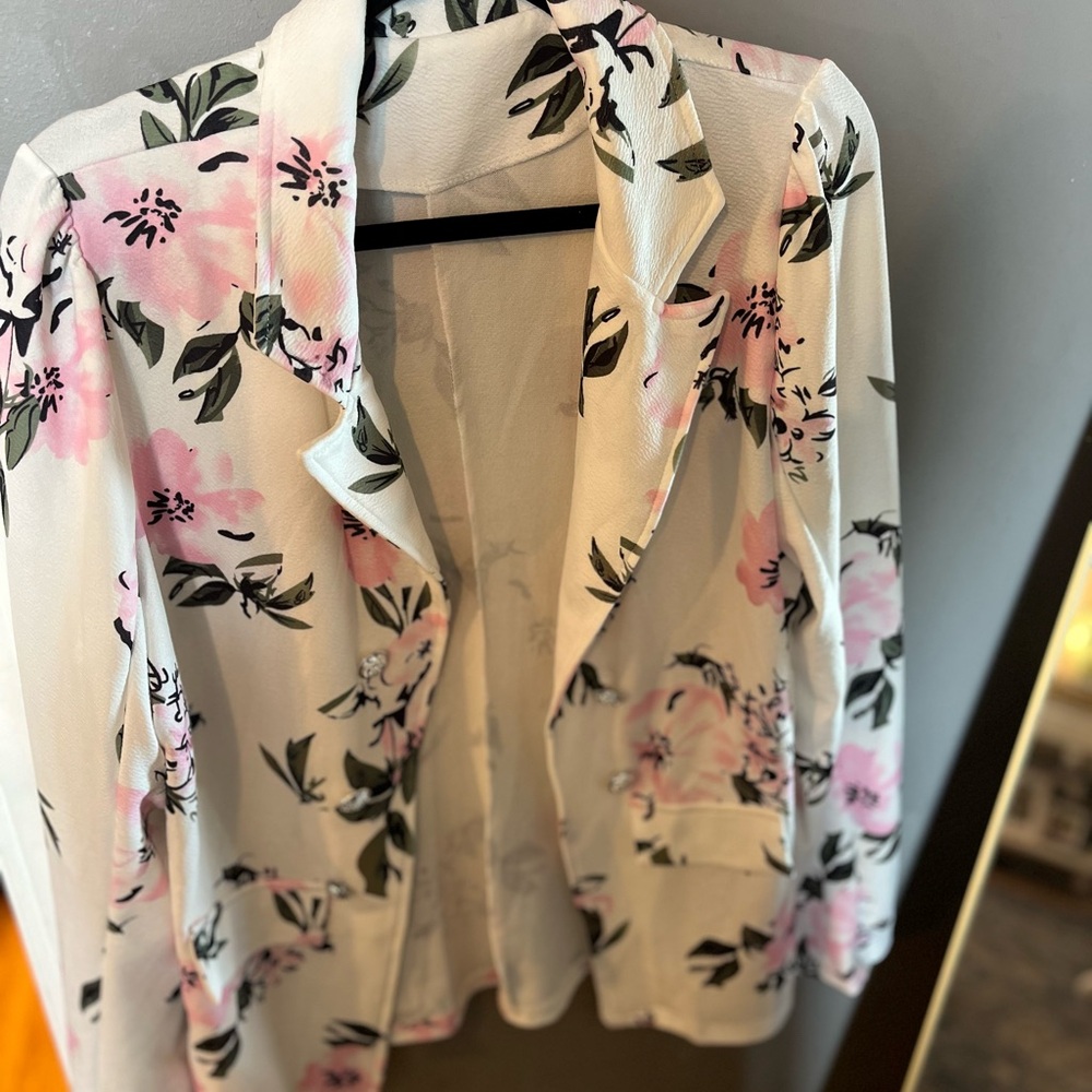 Floral Blazer with Pink Accents & Matching Skirt
